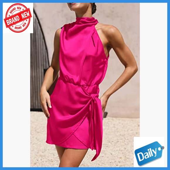 Satin Mini Dress Sleeveless Mock Neck Tie Waist Formal Cocktail Party - Picture 4 of 7